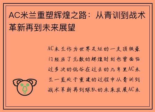 AC米兰重塑辉煌之路：从青训到战术革新再到未来展望
