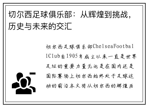 切尔西足球俱乐部：从辉煌到挑战，历史与未来的交汇