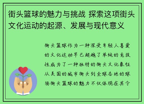 街头篮球的魅力与挑战 探索这项街头文化运动的起源、发展与现代意义