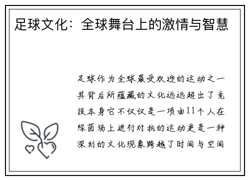 足球文化：全球舞台上的激情与智慧